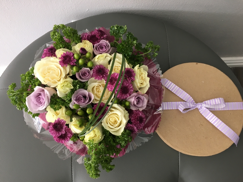 flowers in a box, roses, modern, contemporary, lavender flowers