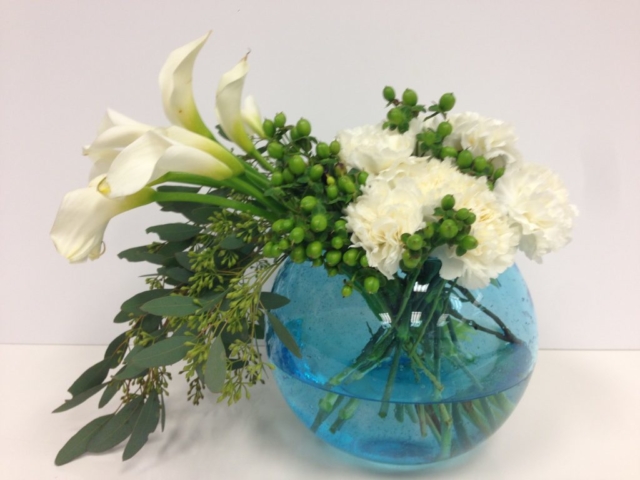 White modern flowers, sphere vase