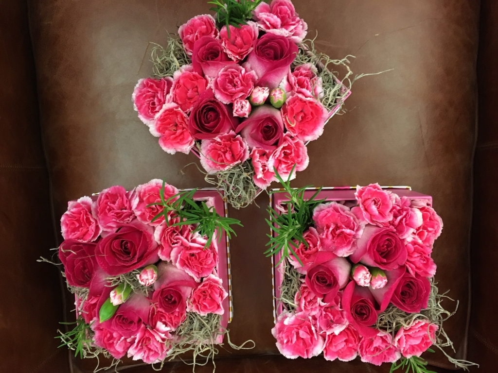 flowers in a box, roses, modern, herbs, bold colors, carnations