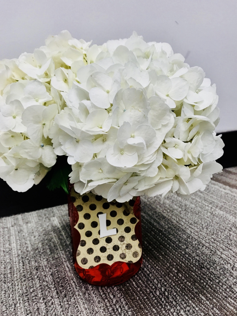 White hydrangeas in maison jar, rustic, simple flowers