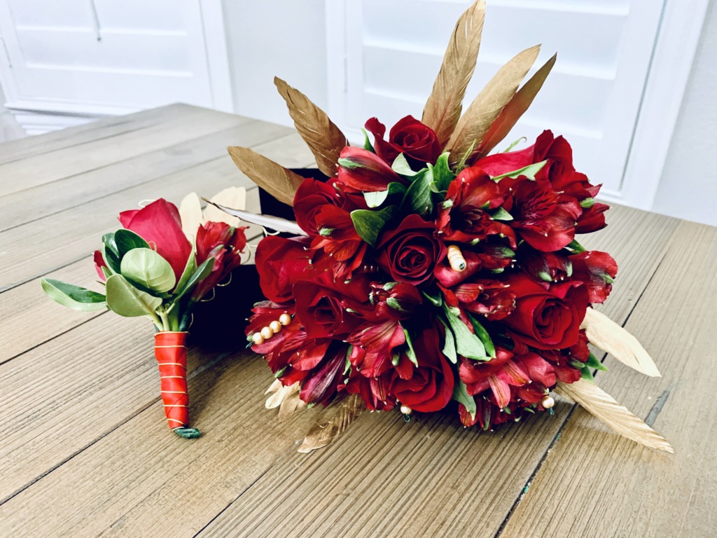 red & gold, boutonnieres, bouquet, prom, homecoming