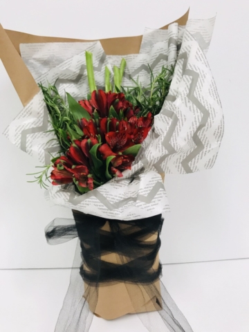 Alstroemerias, rosemary, wrapped bouquet, contemporary flower design