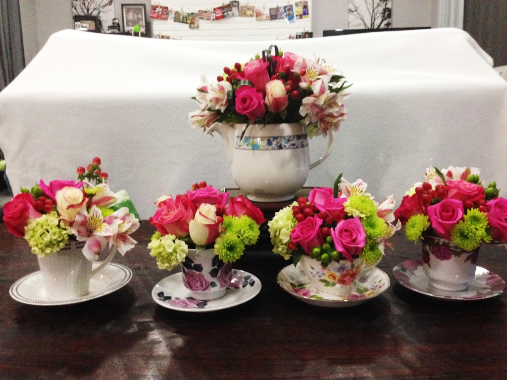 tea party, flower arrangement, shabby chic, roses