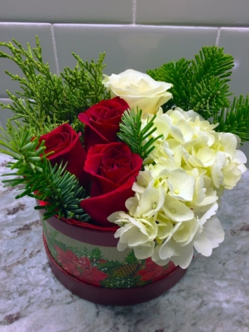 Christmas flowers in a box, red roses, pine, bruni berries