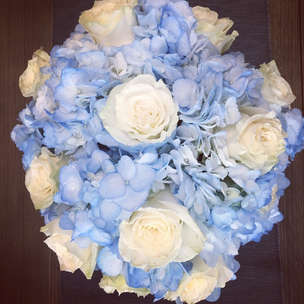 flower bouquet, hand-tied bouquet, modern, blue & white, baby boy gift
