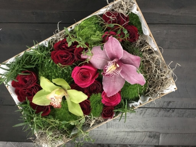 flowers in a box, roses, modern, herbs, bold colors, orchids