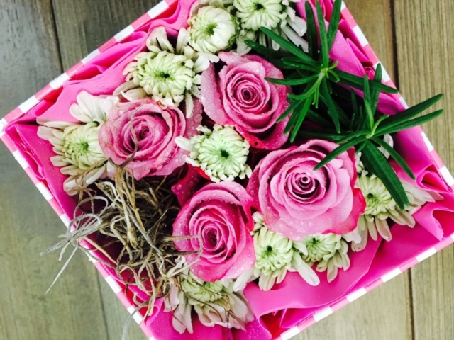 flowers in a box, roses, modern, herbs, mums, teacher appreciation