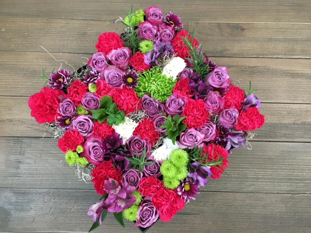 flowers in a box, roses, modern, herbs, bold colors