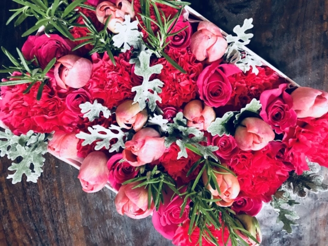 flowers in a box, roses, modern, herbs