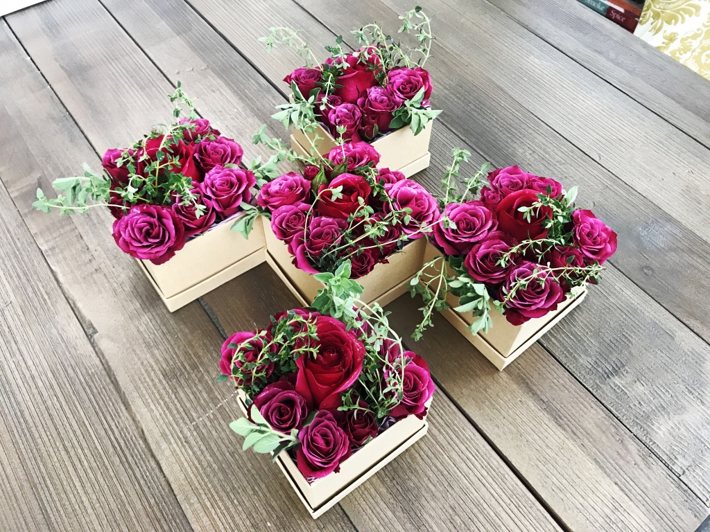 flowers in a box, roses, modern, herbs